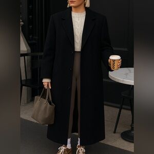 Vintage wool long Black button down trench coat with shoulder pads
